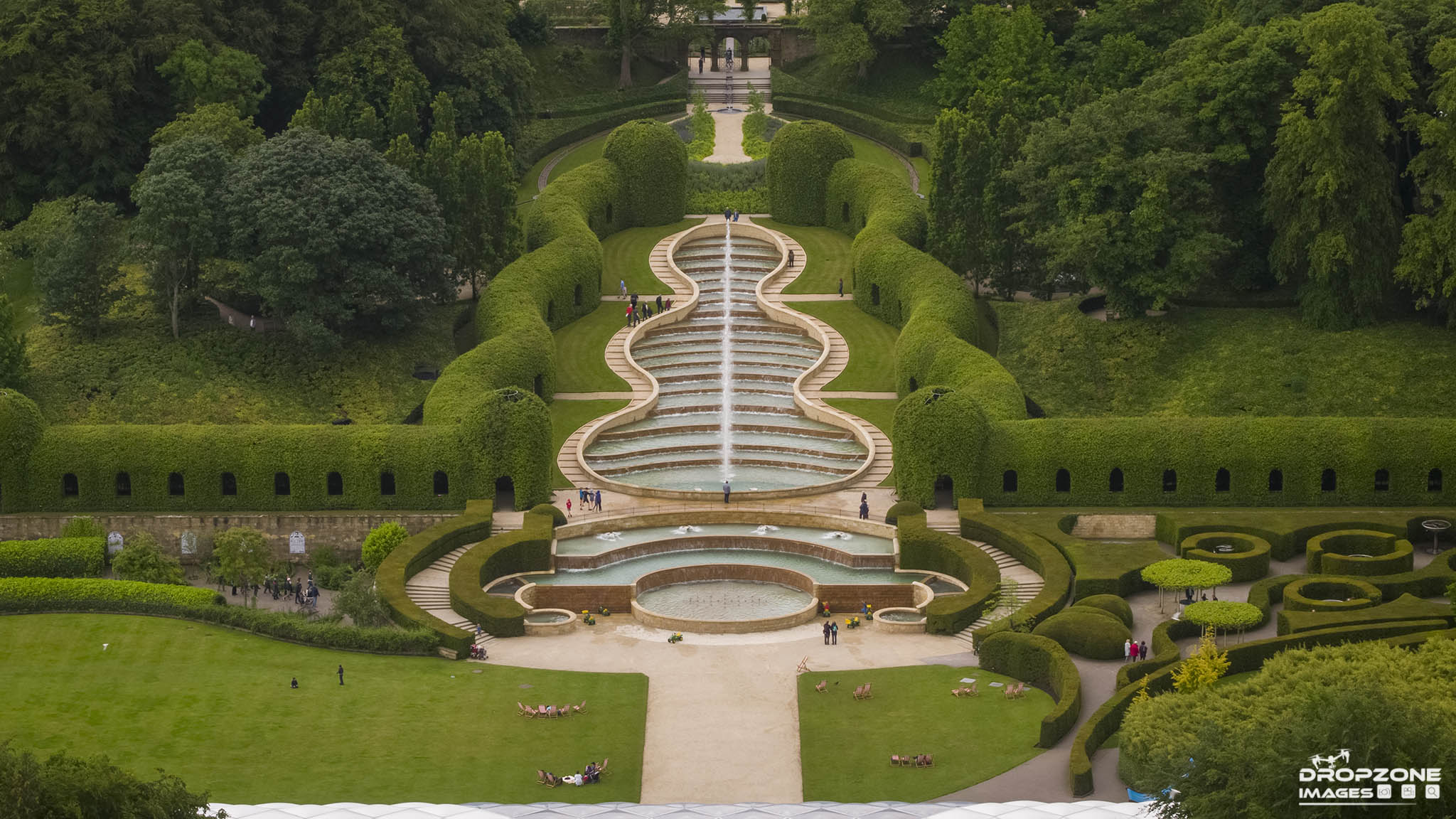Drone aerial view in Alnwick Gardens, Northumberland. Drone operator Newcastle upon Tyne