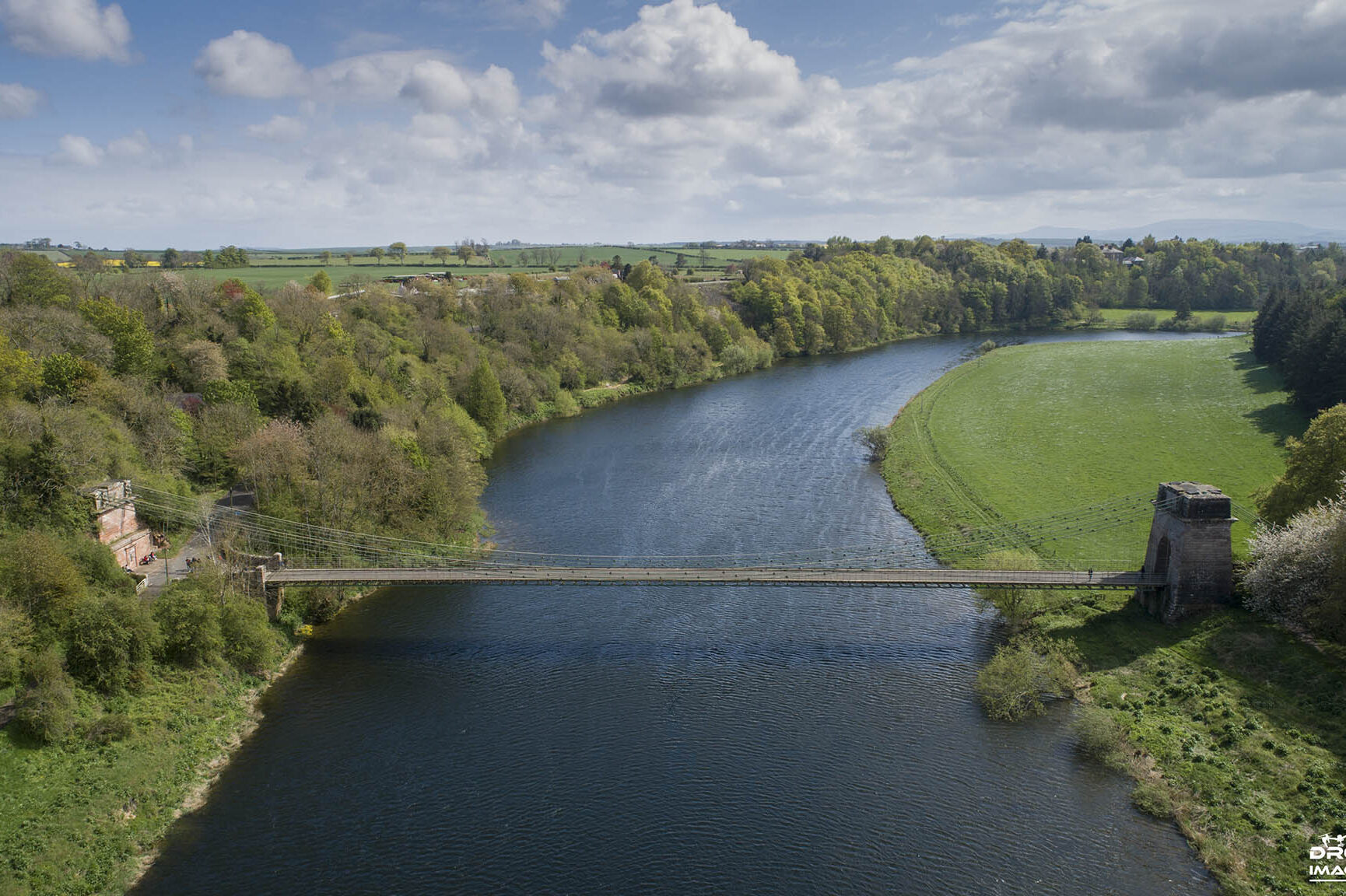 Drone view of bridge over the Scotland and England border. CAA Approved drone pilot